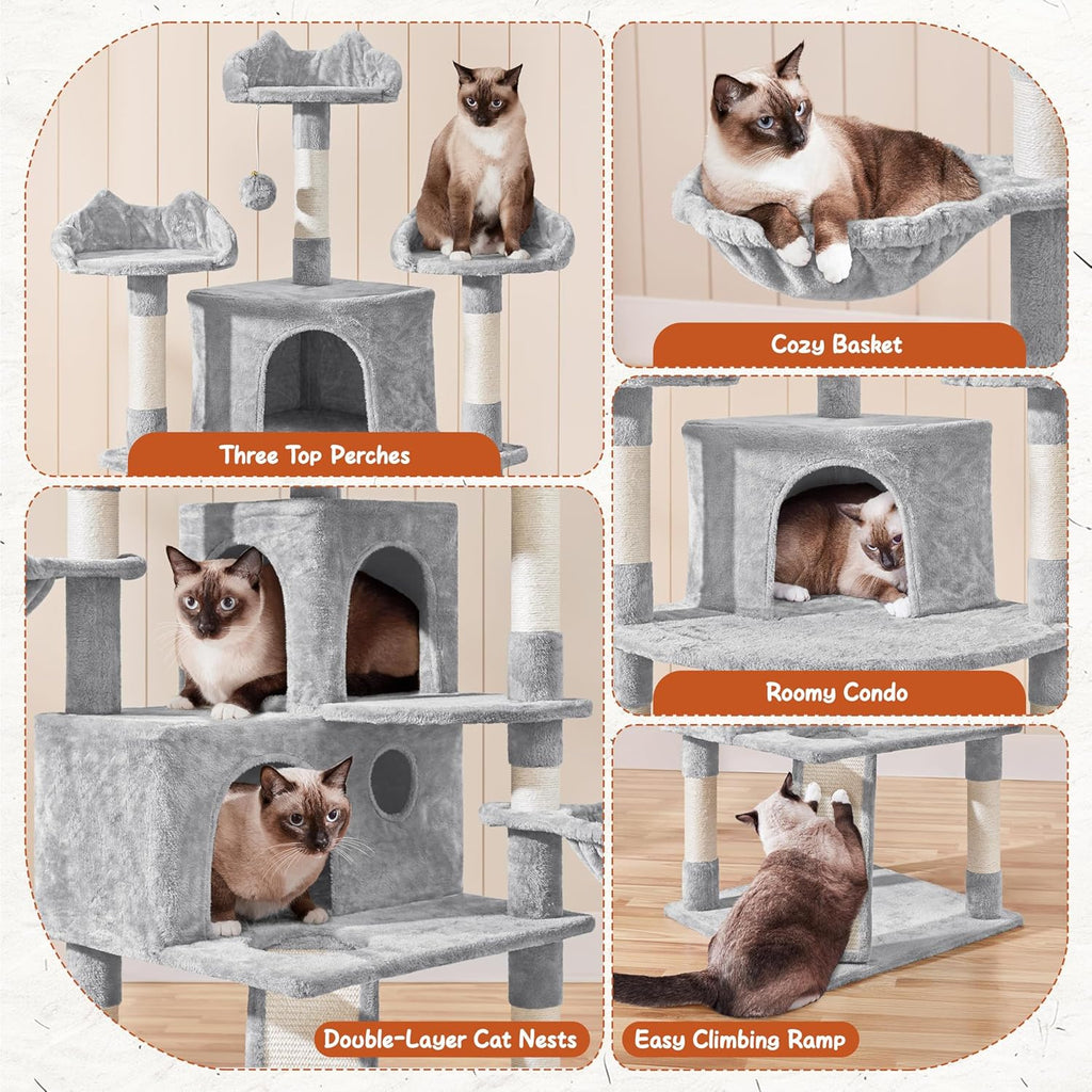 76.5in Multi-Level Large Cat Tree, Big Cat Tower with 3 Condos, Cozy Plush Perches
