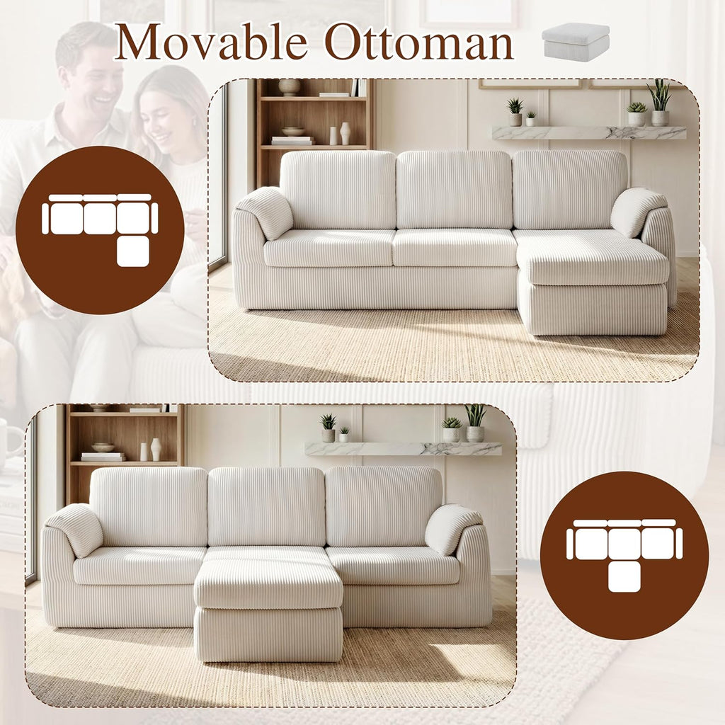 Sectional Couches Cloud Couch with Ottoman, Upholstered Boneless Couches Modern Modular L Shaped Couch 3 Seater Sofa