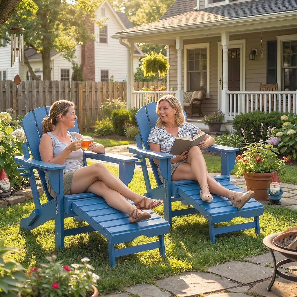Folding Adirondack Chair Set of 2 with Retractable Ottoman Blue | Outdoor HDPE Fire Pit Chair, Cup Holder, Large