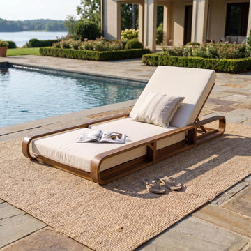 Pyke Chaise Lounge Chair Outdoor with Foldable Cushion, Acacia Wood Poolside Sun Lounger with Curved Frame