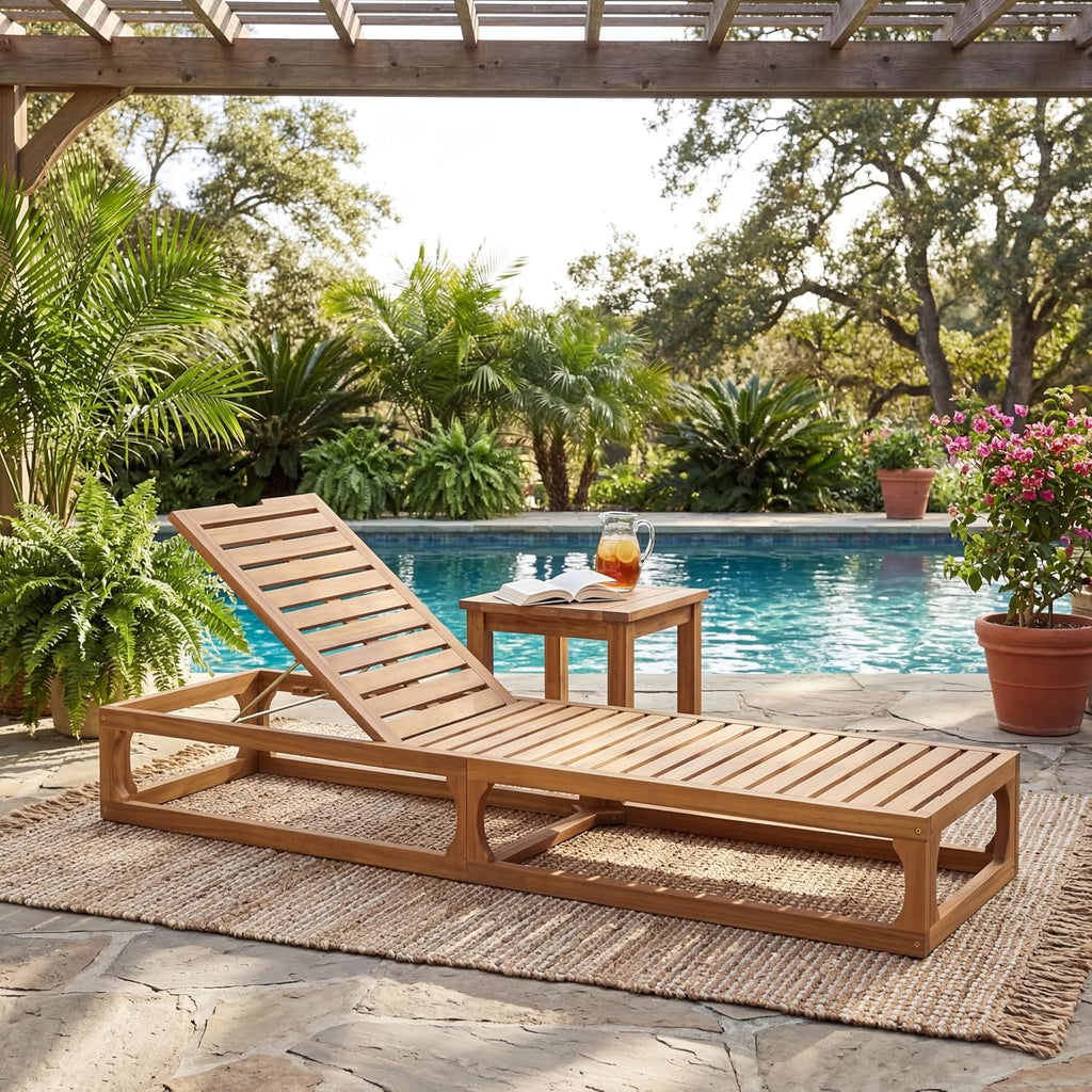 Patio Chaise Lounge Chair Outdoor, Acacia Wood Poolside Sun Lounger with Slatted Design, Open Frame Pool Lounger