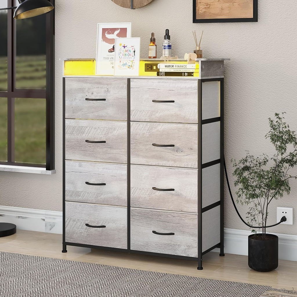 Dresser with Charing Station Grey Dresser with LED Lights Tall Dressers with 8 Drawers Storage Tower for Closet