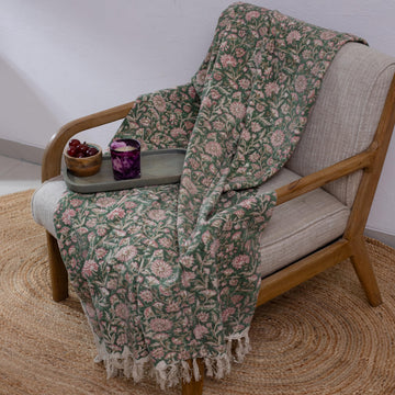 100% Pure Cotton Handblock Printed Throw Blanket, Soft 50" x 60" Fringed Floral Print Throw for Couch, Sofa, Chair