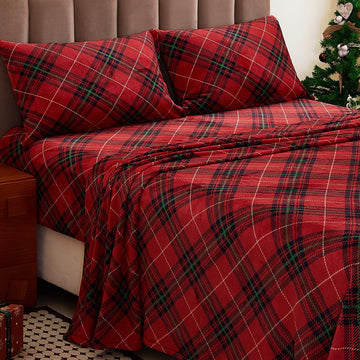 Christmas Fleece Sheets King, Soft as Flannel, Wine Tartan Plaid