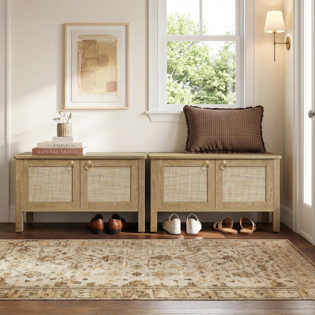 Rattan Storage Bench Boho Storage Chest with 2 Safety Hinges | Wood Storage Truck Box , Supports 220 lb