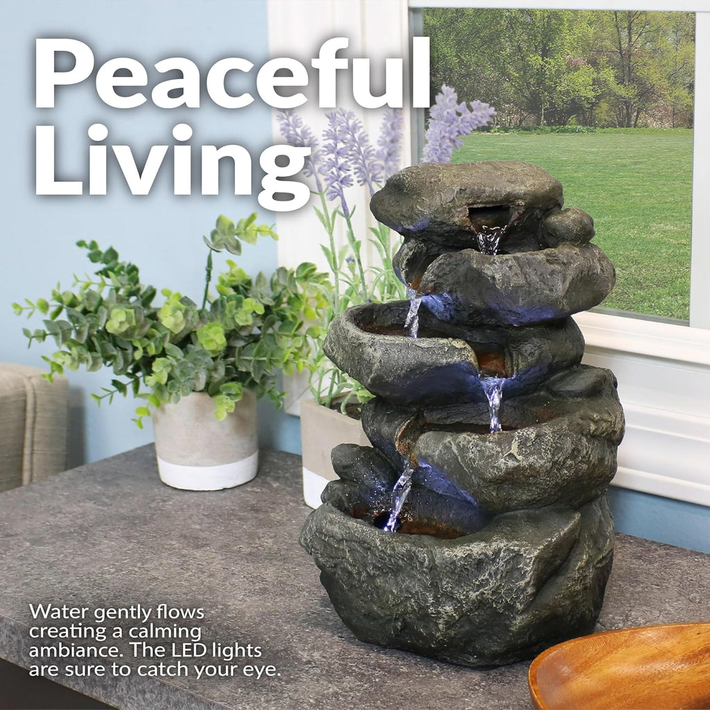 Tabletop Water Fountain - Stacked Rocks 10.5 Inch Relaxing Desktop Water Fountain with LED Lights