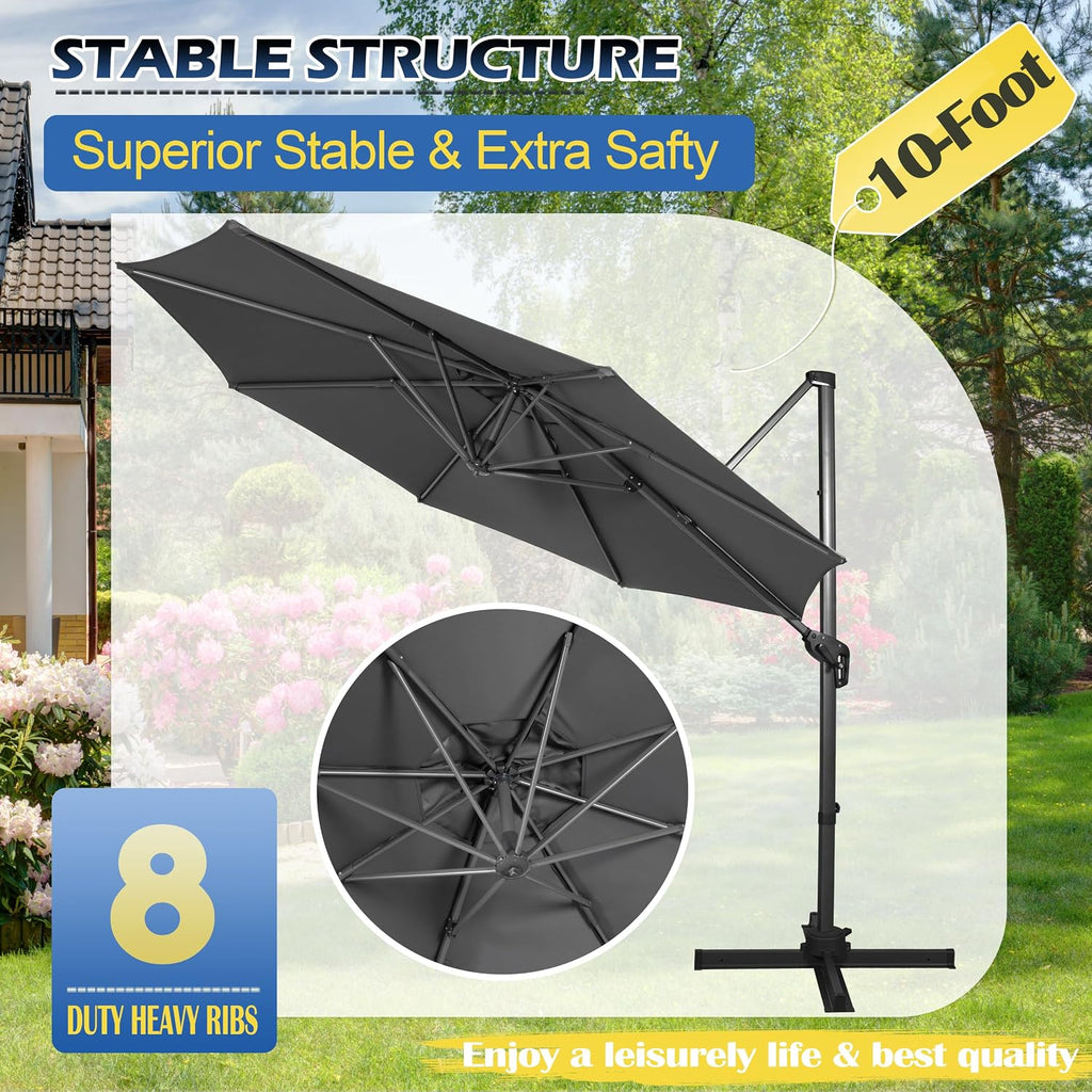 10Ft Cantilever Patio Umbrella, 360° Rotation & Integrated Tilting System Offset Umbrella with 8 Sturdy Ribs - Grey