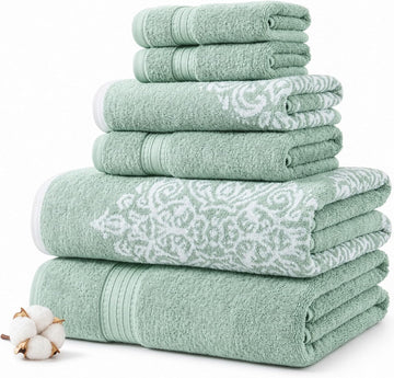 6 Piece Reversible Yarn Dyed Jacquard Towel Set Artesia Damask Sage