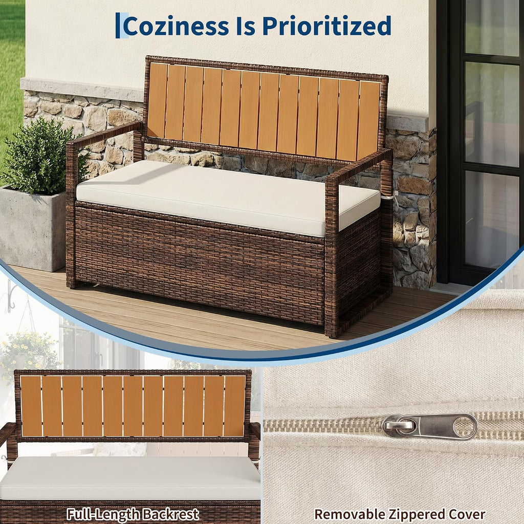 Outdoor Storage Bench with Cushion, 2-Seater PE Rattan Storage Box with Backrest & Armrests, 75 Gallon, 400 lbs