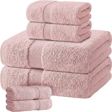 Pink Bath Towel Set of 6-100% Cotton Highly Absorbent Towels , 2 Luxury Bath Towels 650GSM, 2 Hand Towels, 2