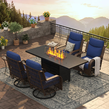 7 Piece Patio Furniture Set with 60" Propane Firepit Table, 4Pcs Outdoor Swivel Rocker Chairs with 2 Side Tables and