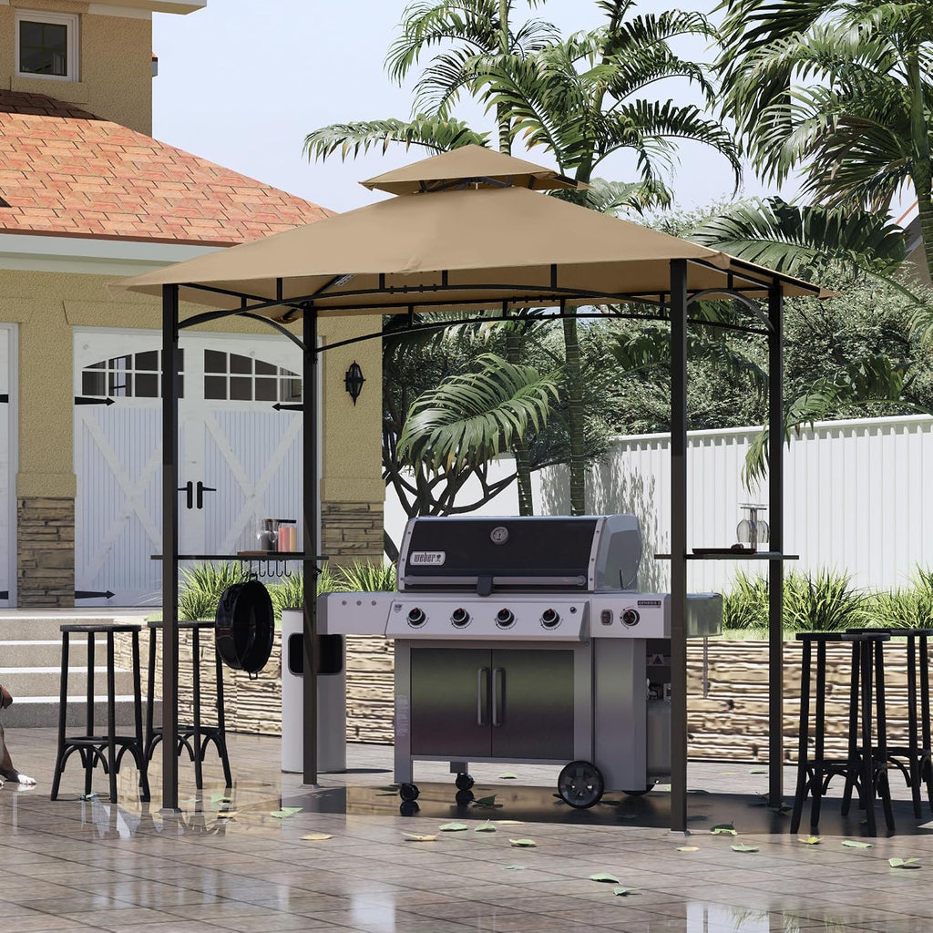 8 x 5 Grill Gazebo Outdoor BBQ Gazebo Canopy with 2 LED Lights (Khaki)