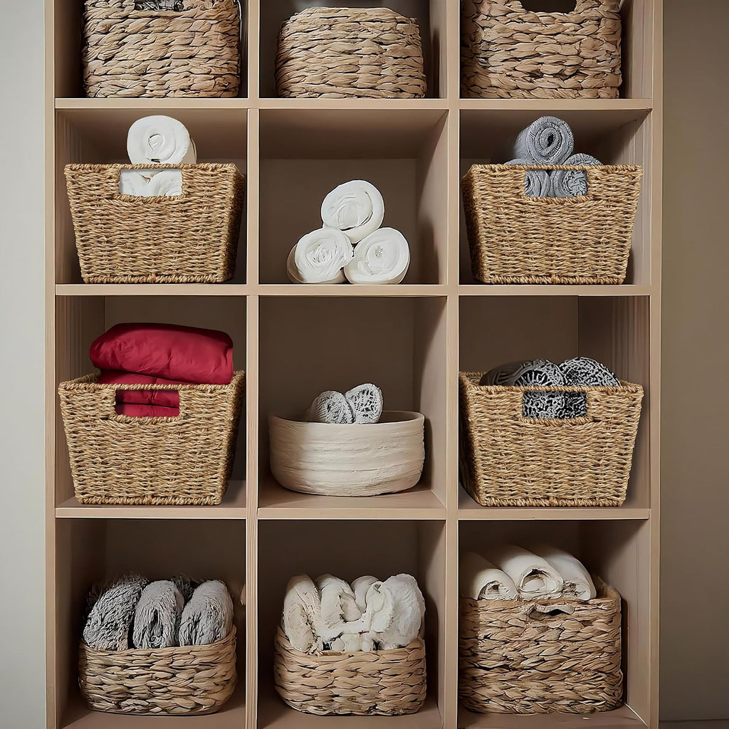 Set of 4 Seagrass Hyacinth Storage Baskets with Handles - Natural, Woven Storage Bins for Shelves, Blankets, Laundry