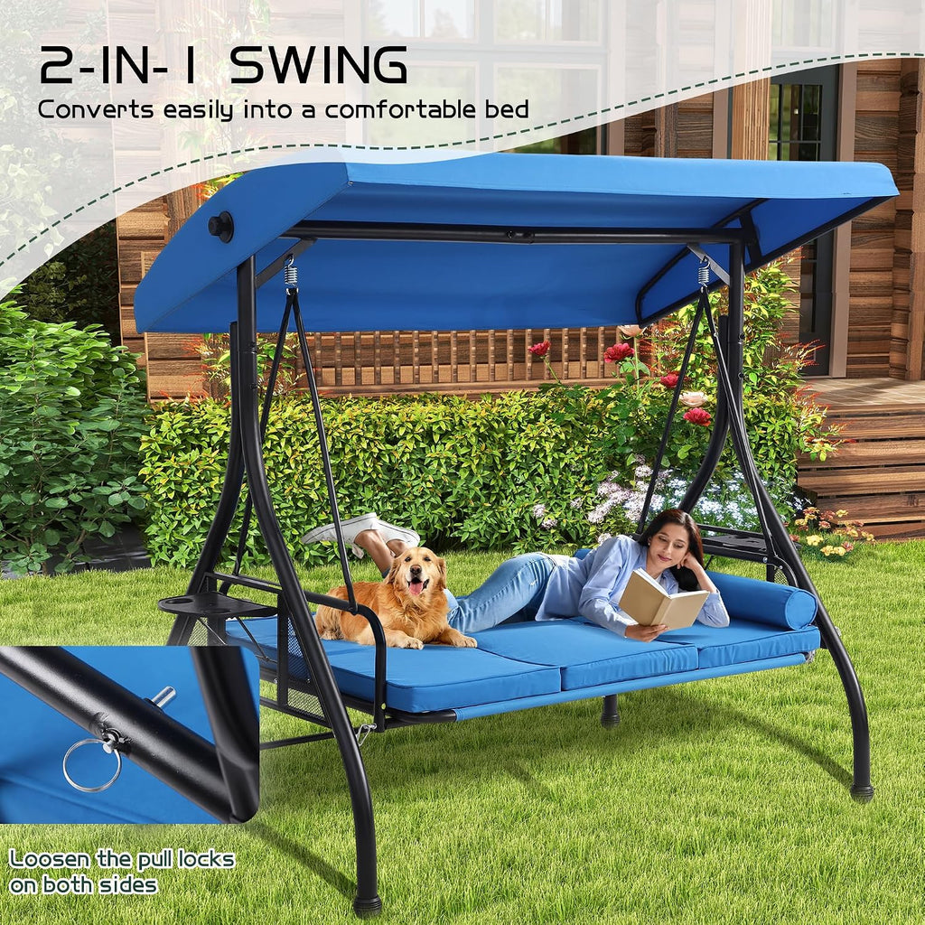 3 Seat Outdoor Patio Swing with Stand, 3-in-1 Porch Swing with Adjustable Canopy & Deep Cup Holders, Patio Glider