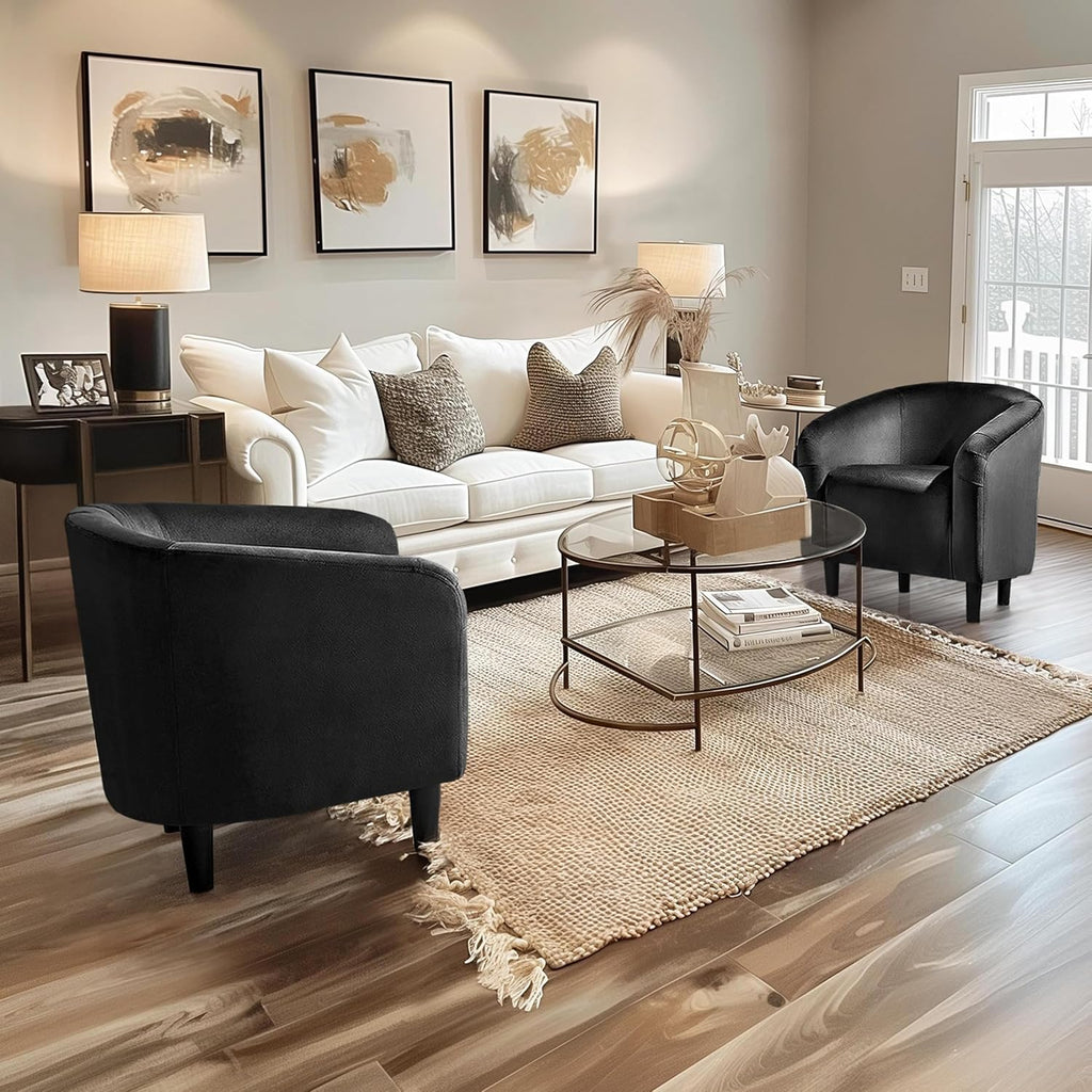 Velvet Accent Chairs, Compact Furry Barrel Chairs with a Curved Silhouette , Black