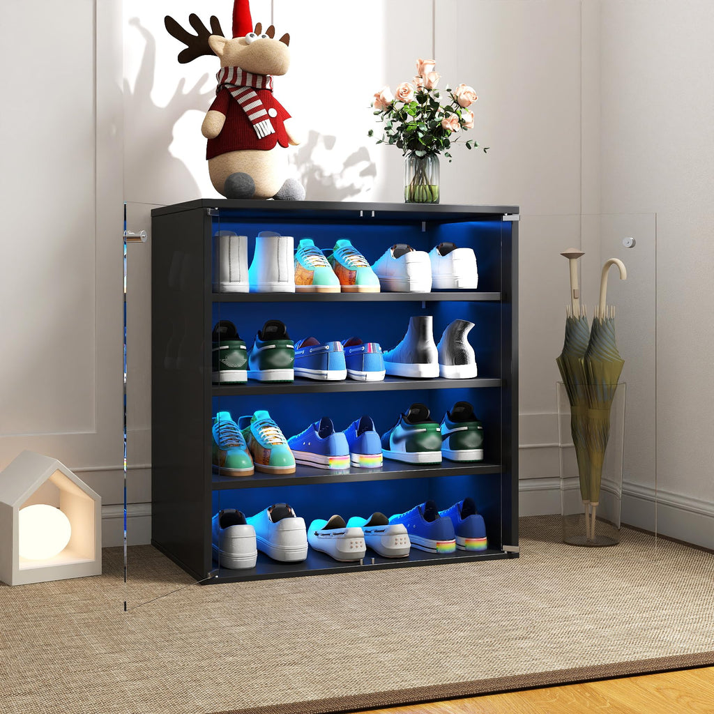 4 Layers LED Shoe Storage Box, Stackable Shoe Cabinet Case with Glass Doors and LED Lights, Wooden Display Shoes