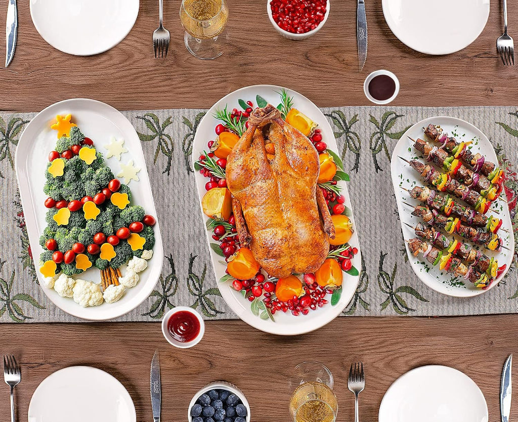 Large Oval Serving Platter Set of 3 (16"/14"/12") - White Ceramic Turkey Platters for Entertaining, Party Serving