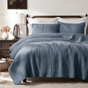 Blue Cross Stitch King Quilt Set, Striped Lightweight Soft Bedspread, Channel Farmhouse Rustic Coverlet, All Season