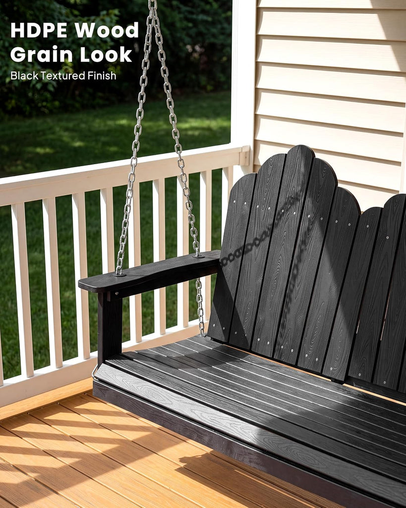 3 Seat Porch Swing with Tray, HDPE Wood Gra Swing, Black | Fits a family or three adults; fold-down center console