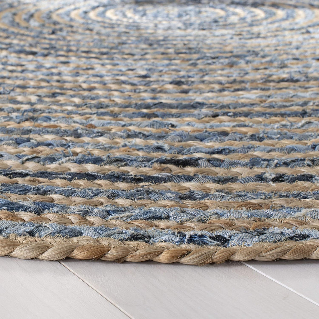 Cape Cod Collection Area Rug - 8' x 10' Oval, Natural & Blue, Handmade Flat Weave Jute, Ideal for High Traffic Areas