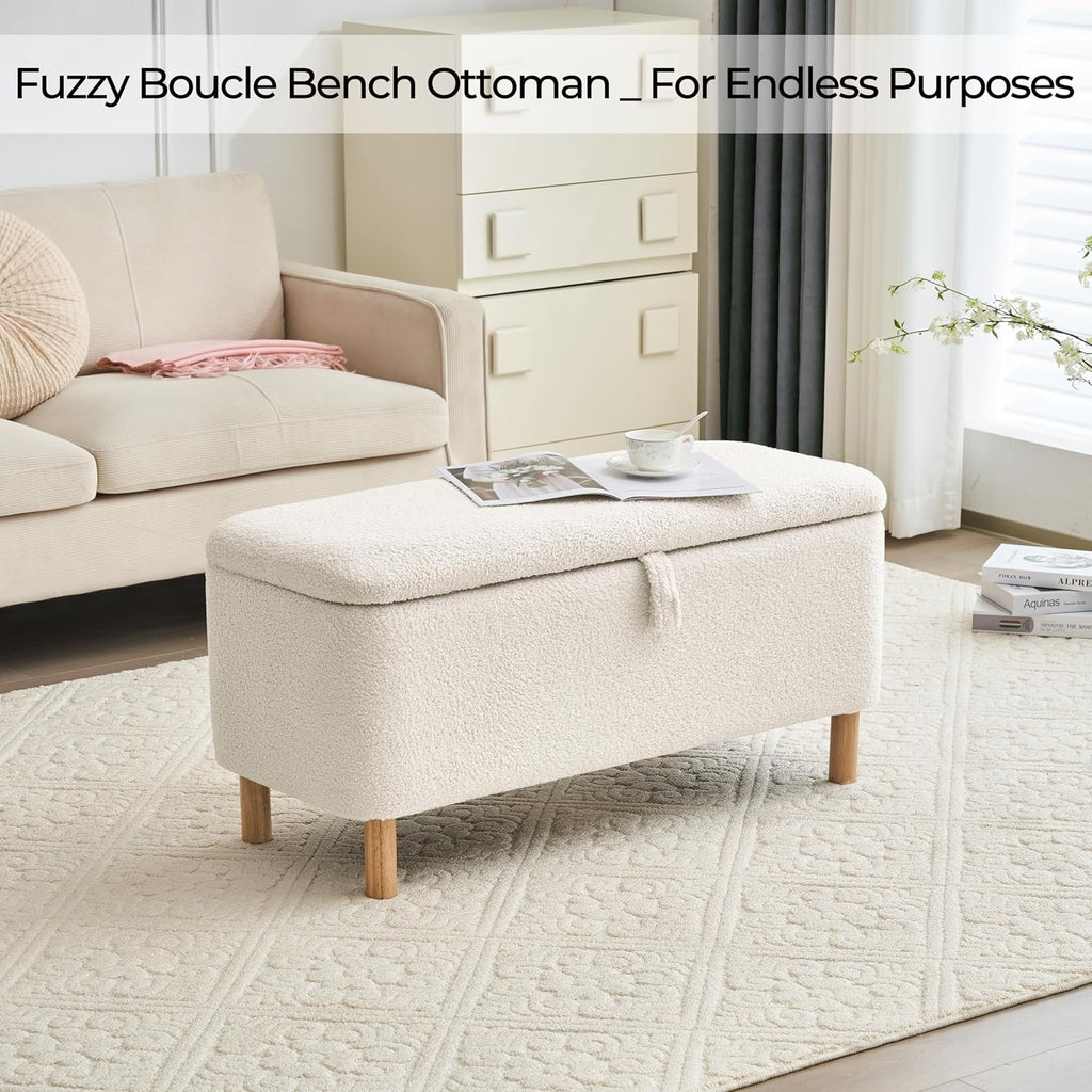 Boucle Storage Ottoman Bench end of Bed, Sherpa Upholstered Shoe Seat Storage Bench Bed Foot, Rectangle Cushion