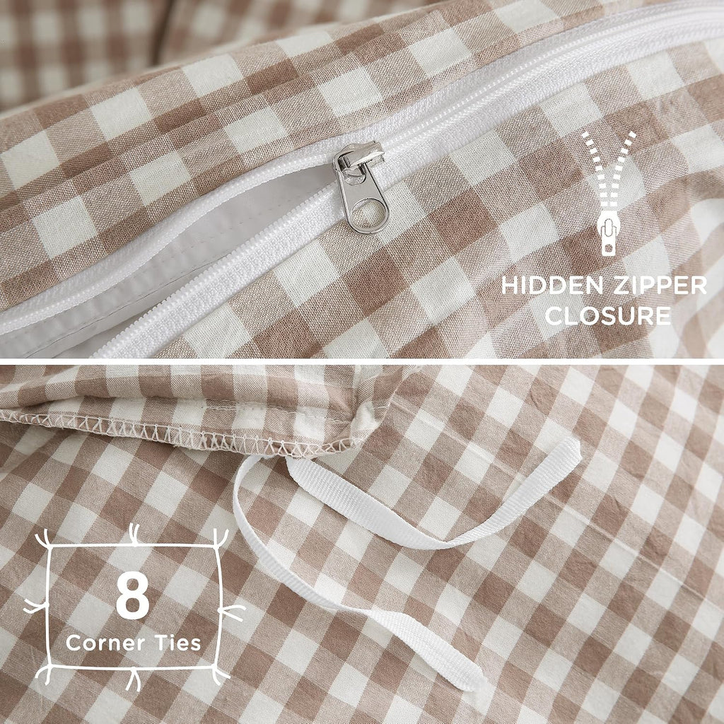 Tan Gingham Duvet Cover Bedding Set 100% Washed Cotton Like Linen Feel Super Soft Comfy 3 Piece Brown Vintage Plaid, Queen Size