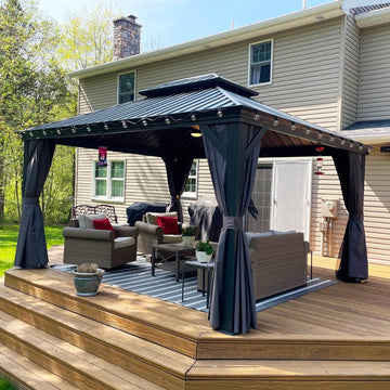 12' X 14' Patio Gazebo with Light Permanent Hardtop Gazebo with Metal Roof for Outdoor Lawn and Garden Grey