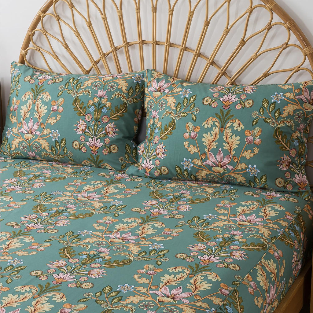 Full Sheet Set, Floral Sheets 4-Piece 100% Percale Cotton Bed Sheets Deep Pocket Fitted Sheet, Boho Vintage Teal Blue