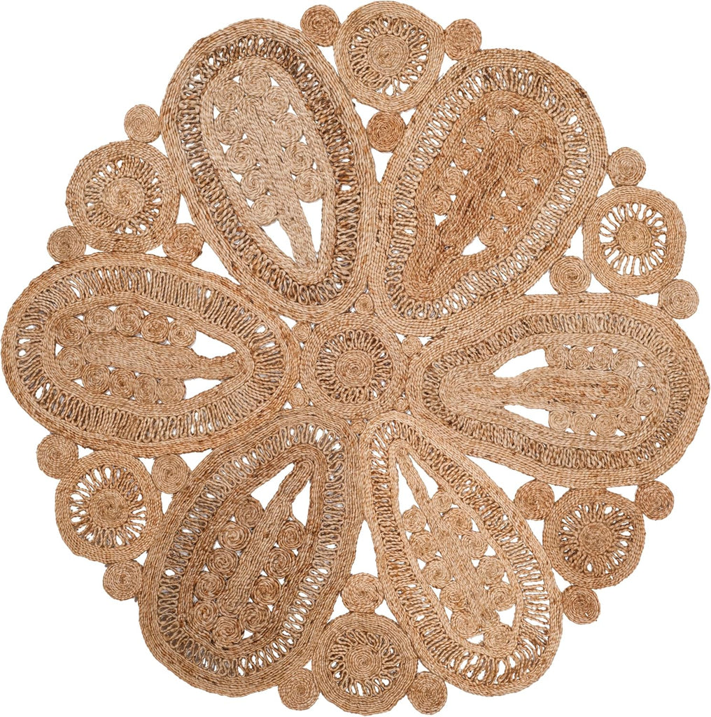Area Rug 7' Round - Natural Fiber Collection - Natural Brown, Handmade Jute, Decorative Boho Floral Design (NF360A)