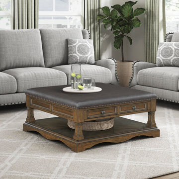 39" Square Storage Ottoman Coffee Table, Faux Leather, Brown