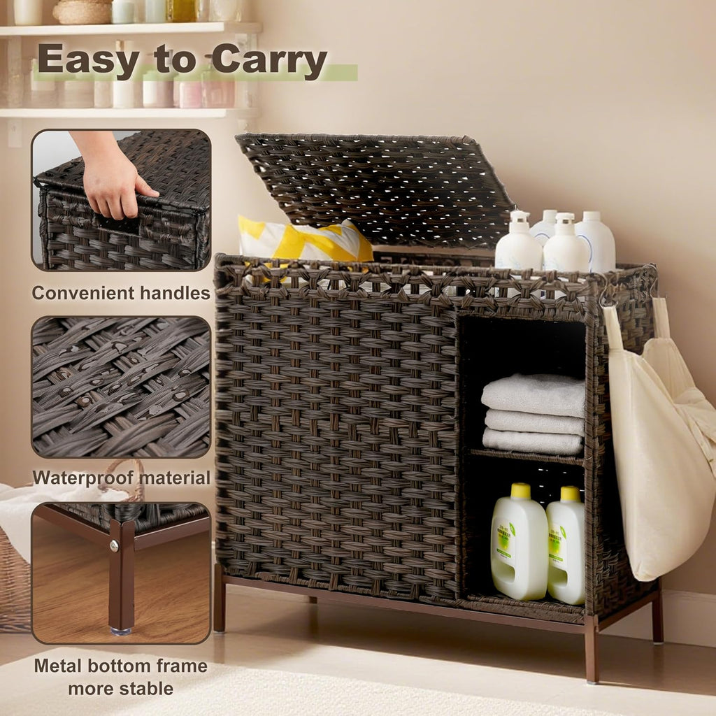 Laundry Hamper with Lid, 110L (29.1 Gal) Rattan Laundry Hamper 2 Section with 50L (13.2 Gal) Storage Shelf, Wicker