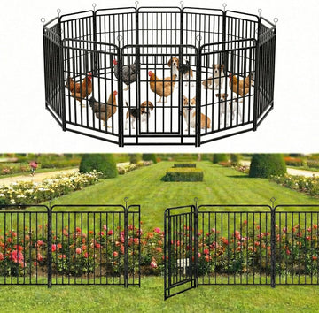 12 Panels No Dig Outdoor Garden Fence with Gate for Yard, 47 in X 27 ft | Rustproof Metal Coating-Strengthened Dog