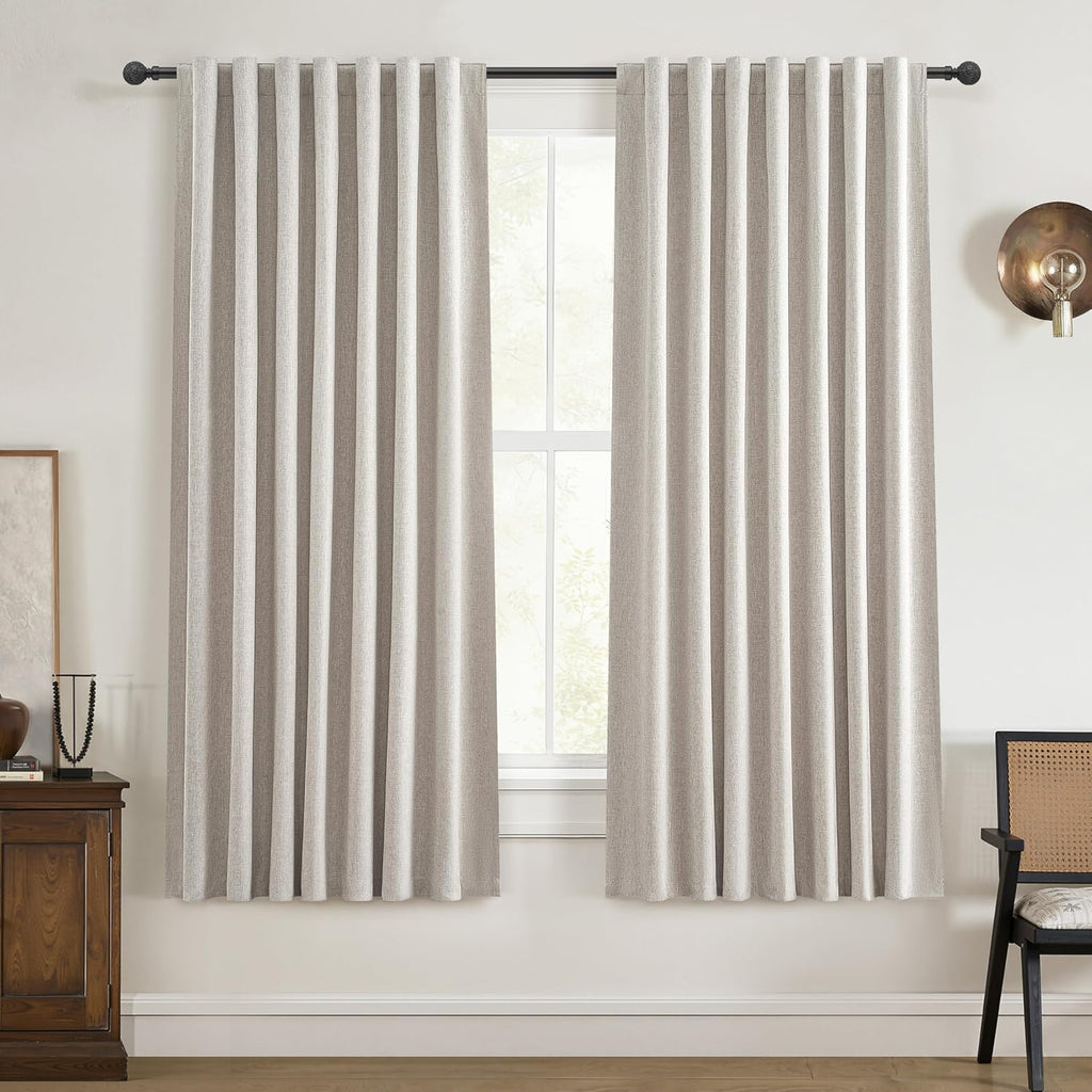 Black Out 96 Inch Long Boho Curtains 2 Panel Set, Farmhouse Curtains Darkening/Thermal/Noise Reduction Textured Flax - Set of 2