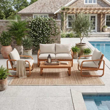Outdoor 4-Piece Acacia Wood Conversation Set - Patio 2-Seat Loveseat Sofa w/Cushion, 2 Armchair and Square Coffee