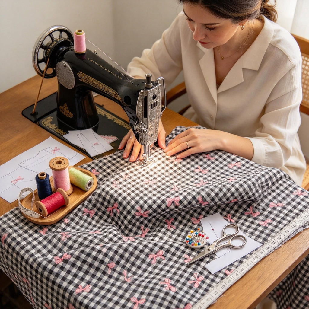 Classic Black White Gingham Fabric with Pink Bow Cotton Fabric by The Yard