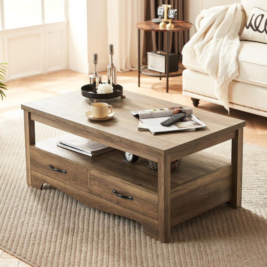 Farmhouse Coffee Table, Rectangle Coffee Table with Drawers, Rustic Wooden Coffee Tables with Storage, Center Table