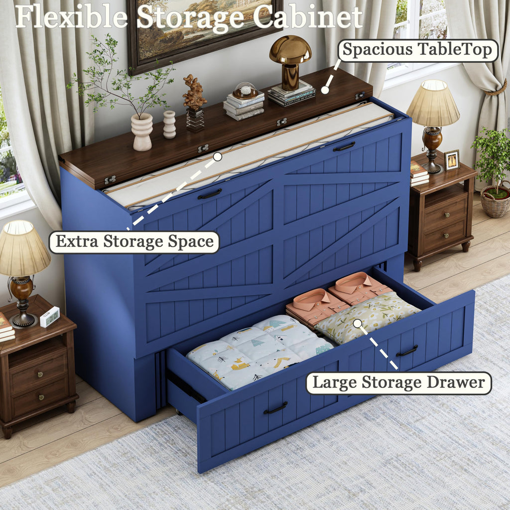 Queen Murphy Bed with Storage & Charging Station, Farmhouse Murphy Cabinet Bed with Large Drawer, Hideaway Foldable