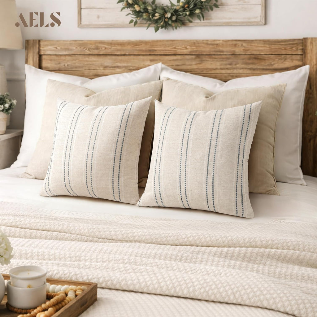 18x18 Decorative Farmhouse Linen Blend Throw Pillow Covers, Boho Textured Pillow Case, Set of 2, Beige with White & Gray Stitch Yarn Dyed Stripe Cushion Cover for Sofa Living Room (Cover ONLY)