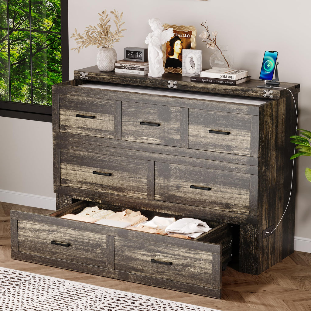 Queen Size Murphy Bed, Cabinet Bed with Charging Station, Multi-Functional Foldable Platform Bed with 1 Large Storage