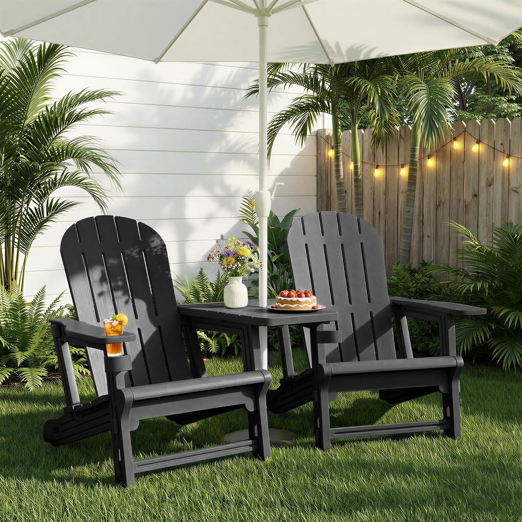 Outdoor Adirondack Chair Set of 2, All-Weather HDPE Patio Furniture with Detachable Table, Wood Texture & Cup
