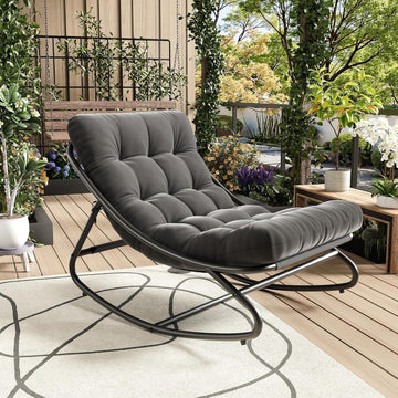 Outdoor Papasan Rocking Chair, Oversized Metal Frame Egg Rocker with Thick Waterproof Cushion, 450 lbs, Comfy Lounge