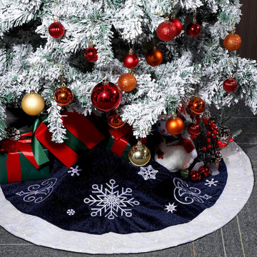 48inch Christmas Tree Skirt Navy Blue Luxury Velvet Plush Fur Skirts Snow Sequin Embroidery Tree Skirts with White