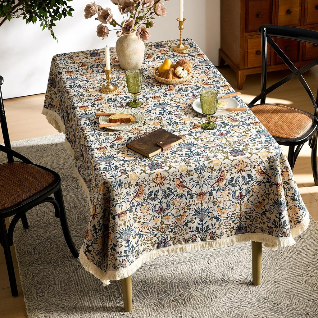 Farmhouse Floral Tablecloths Rectangular Vintage Flower Print Table Cloth with Tassel Rustic French 
