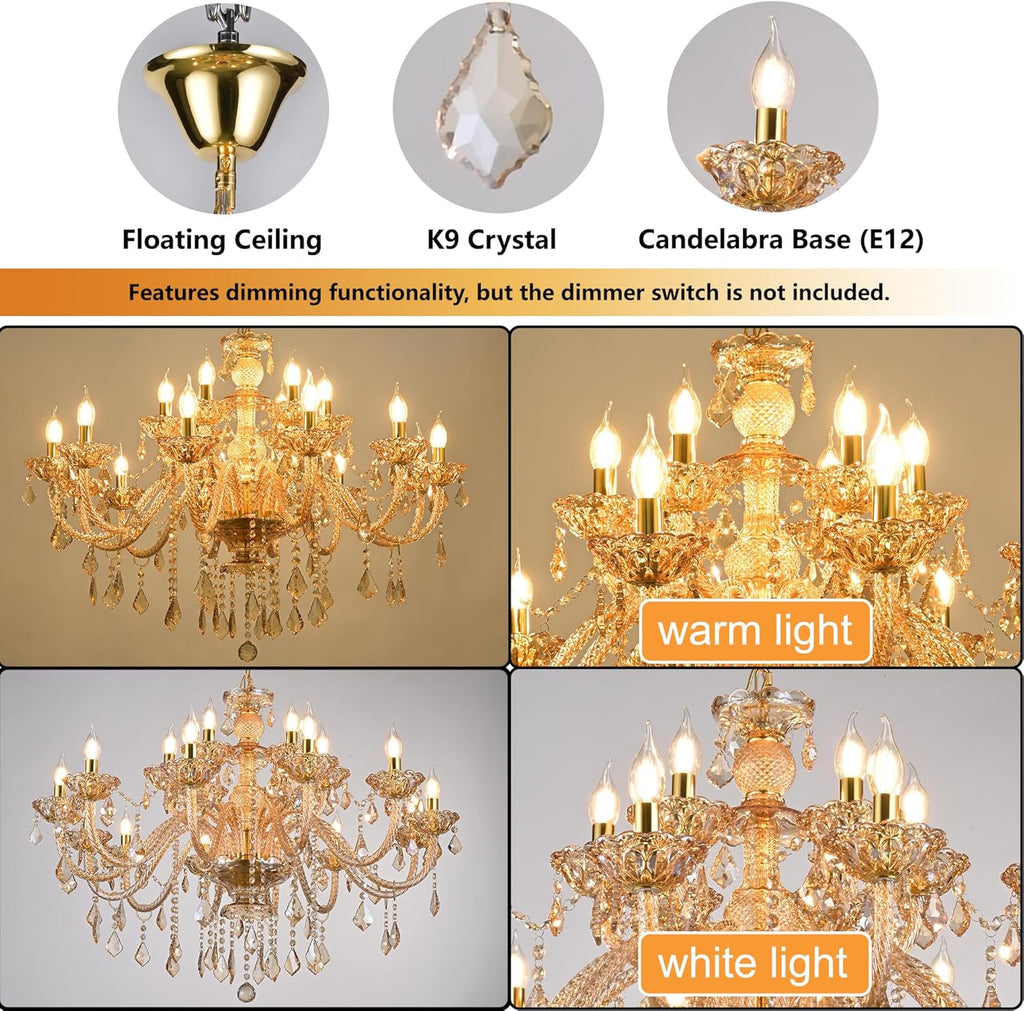 18-Light Crystal Chandeliers Luxurious K9 Crystal Candle Pendant Lamp Ceiling Lighting for Dining Living Room Bedroom Hallway Entry (18 Lights)