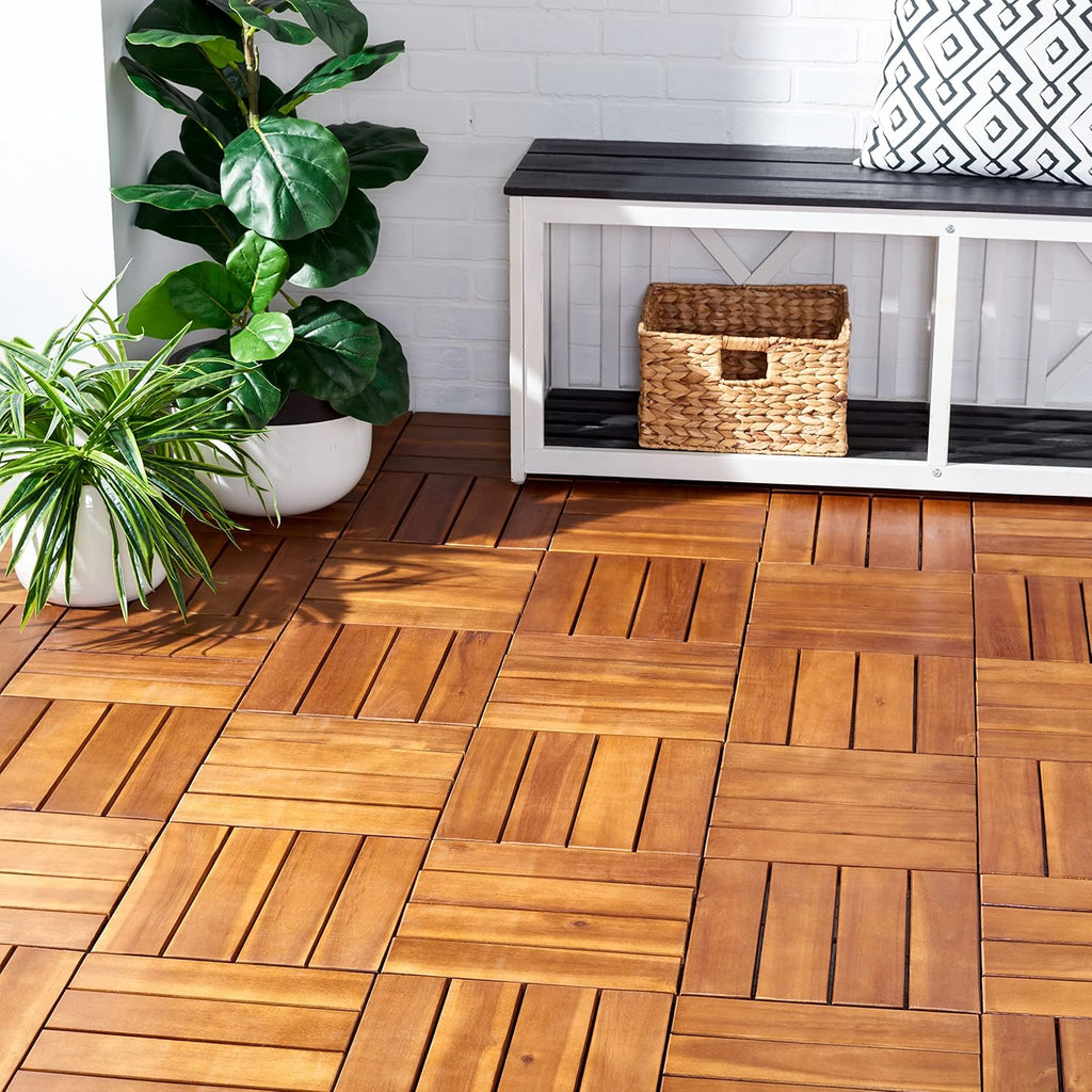 Outdoor Collection Phuket Natural Acacia Wood 4-Slat Interlocking Floor Tile Patio Deck 12 x 12-inch (Set of 10)