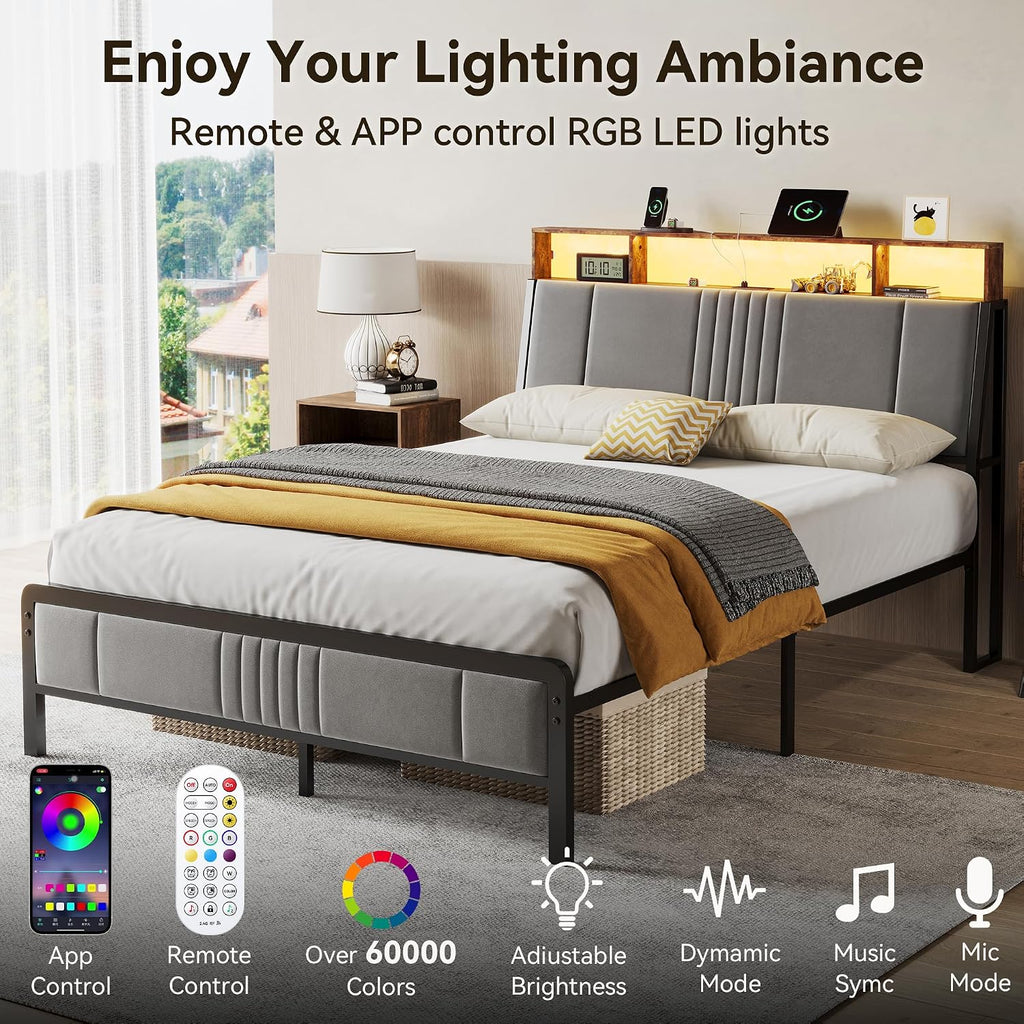 Full Bed Frame with Ergonomic Headboard, Upholstered Metal Platform Bed Full with 2-Tier Storage, Charging Station