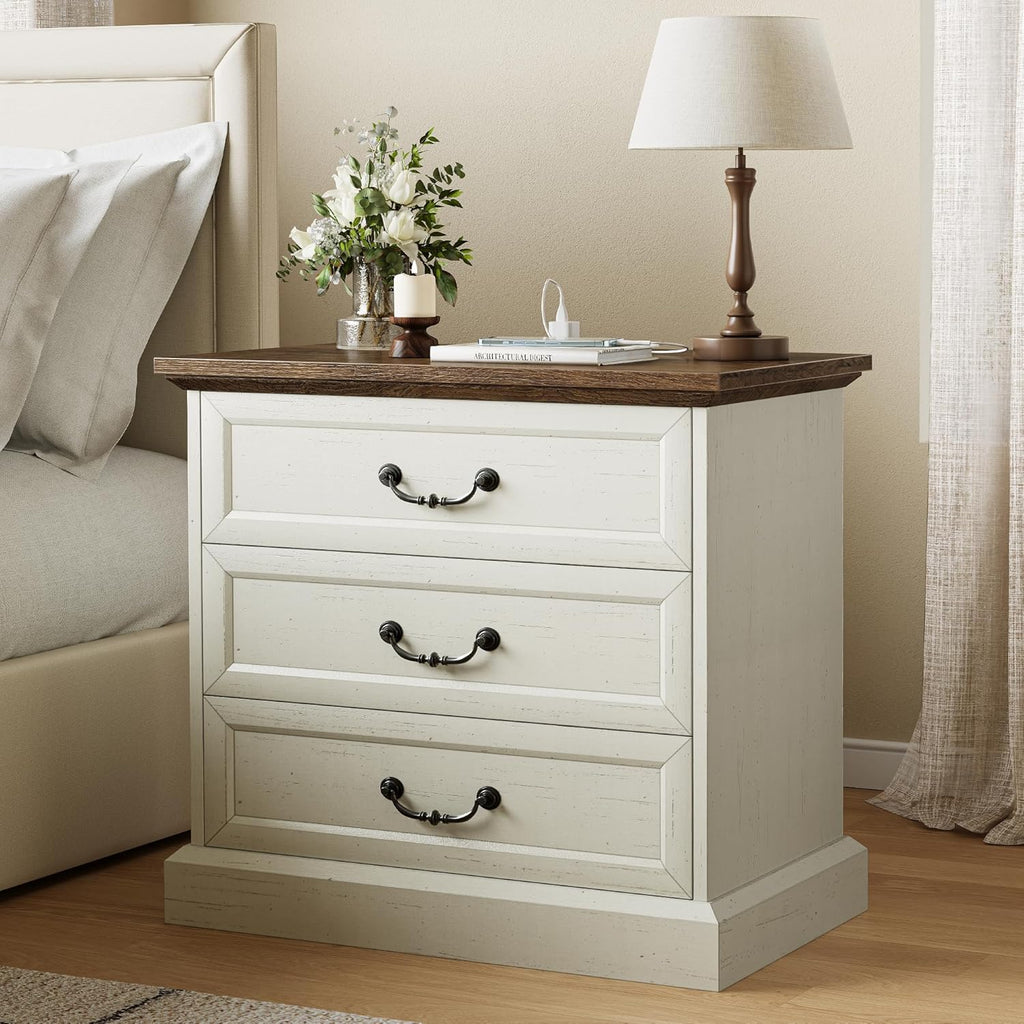 Nightstand with Charging Station, 3 Drawer Night Stand Set of 2, 22 Inch Wider Side Table with Storage, Farmhouse
