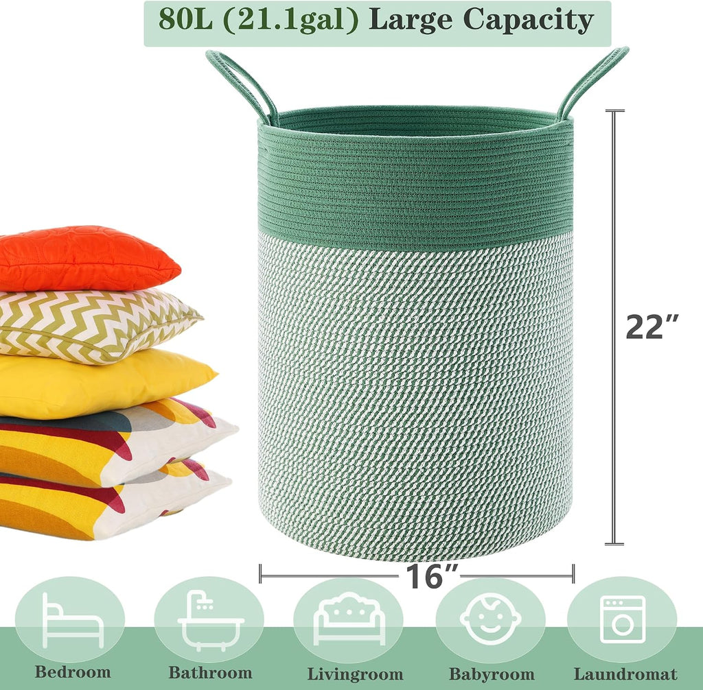 80L Large Green Hamper Tall Woven Laundry Basket | Cotton Rope Clothes Hamper Baby Nursery Hamper Bin for Girls Kids