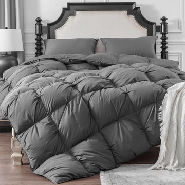 Pinch Pleat Goose Down Feathers Fiber Comforter Full/Queen All Season-Ultra Soft and Cozy Noiseless Duvet Insert with