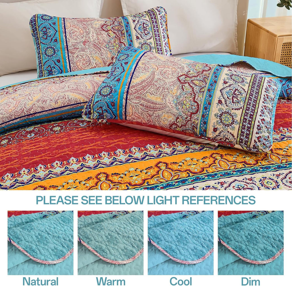 Bohemian Quilt Set, Boho Striped Pattern Quilts Bedspread Set for All Season, Soft Microfiber Bedding Coverlet
